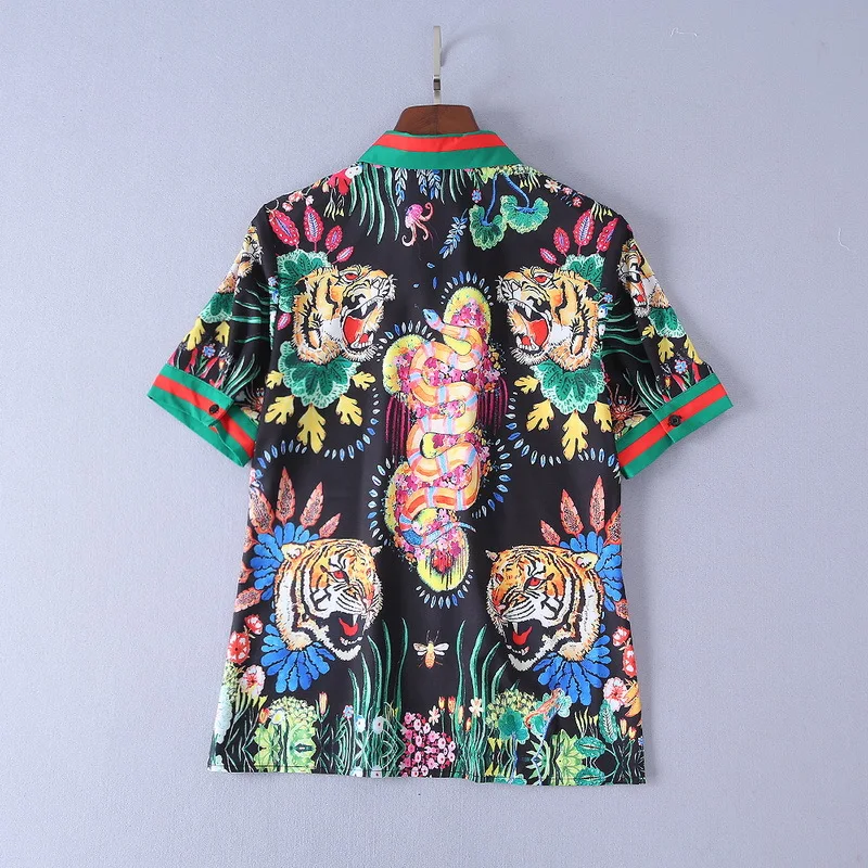 Летняя блузка с короткими рукавами цветочным принтом и тигра топ отложным