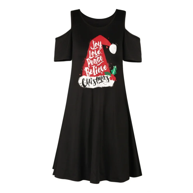 ChristmasFashion 3D Printe Christmas Dresses Women's Clothing New Year Loose Short Sleeve Black Off Shoulder Sexy Mini Dress | Женская