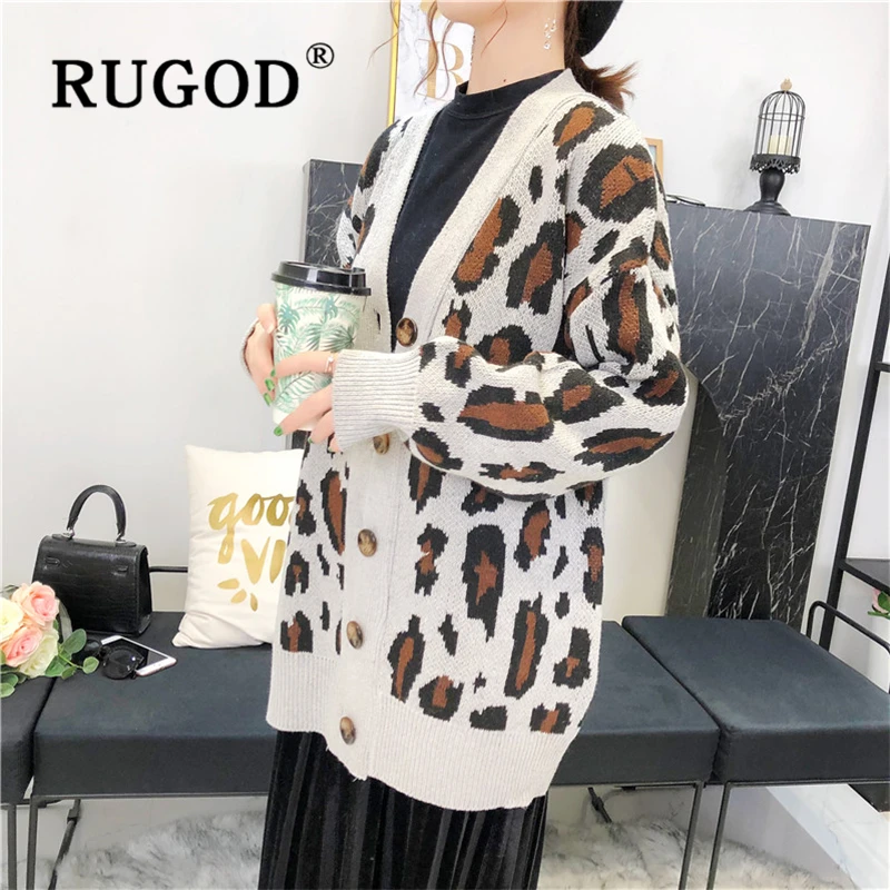 RUGOD винтажный Новый женский леопардовый вязаный кардиган модный однобортный