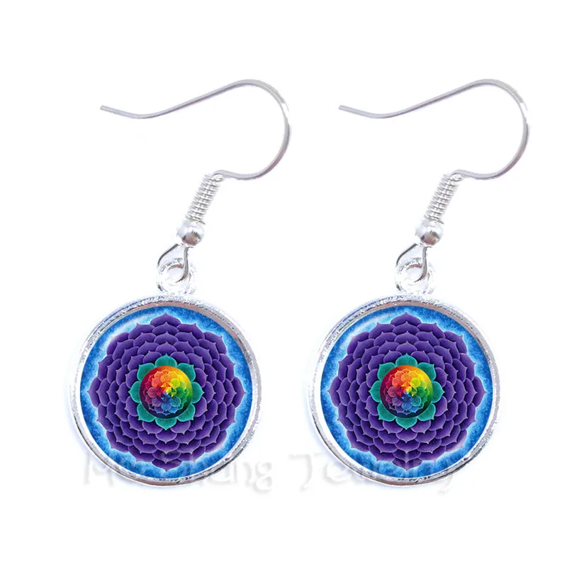 Flower Of Life Tibetan Om Mandala Earrings Gray Jewelry Vintage Buddhism Meditation Glass Dome For Women | Украшения и аксессуары