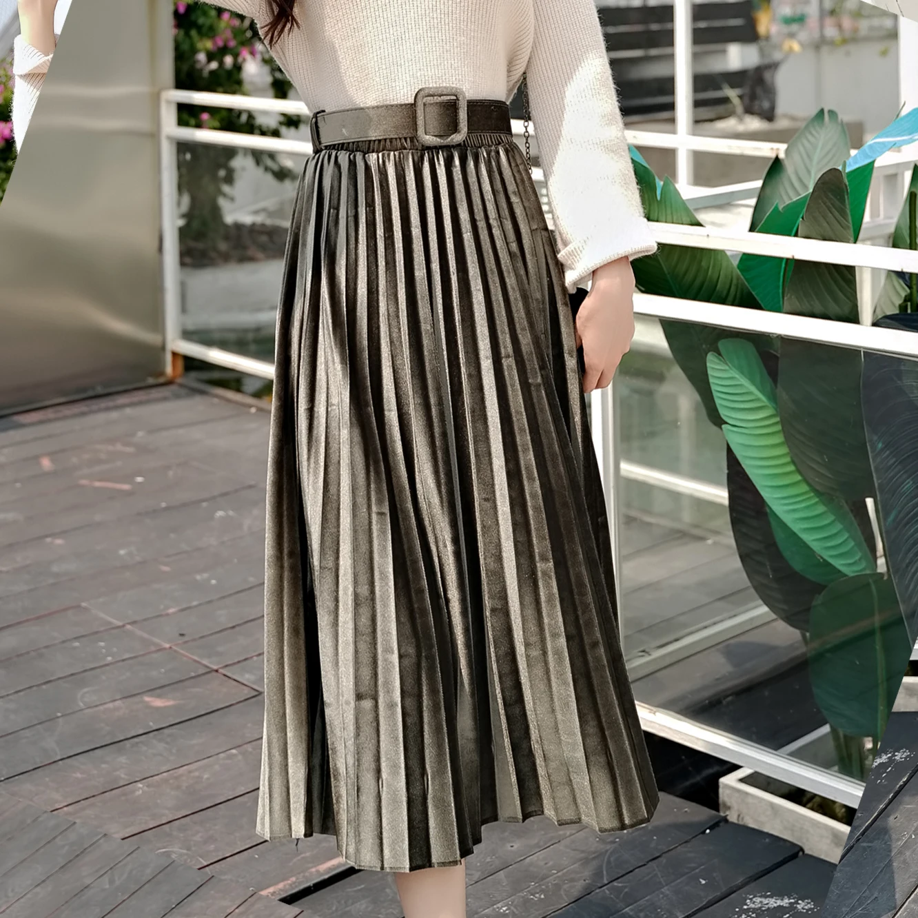 Женские юбки, осень, длина до середины икры, Faldas Mujer Moda, эластичная высокая талия, Jupe Femme Saia Midi, однотонная женская плиссированная юбка - Цвет: Зеленый