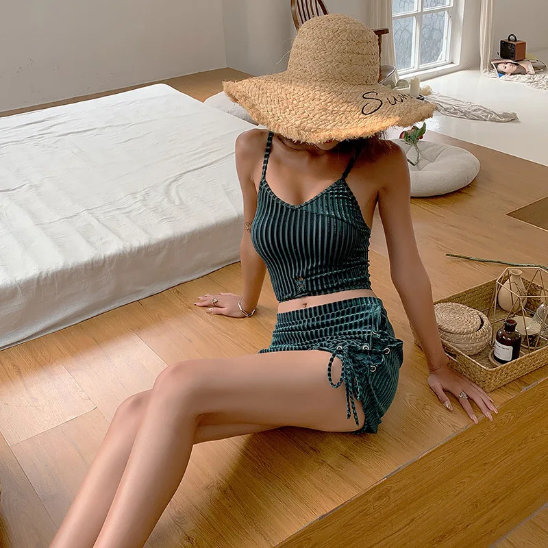 Swimsuit Women Bathing Suit Swim 2019 New Summer Clothes For Korean Vintage Velvet Split Girl Tied Skirt High Waist Beach | Спорт и