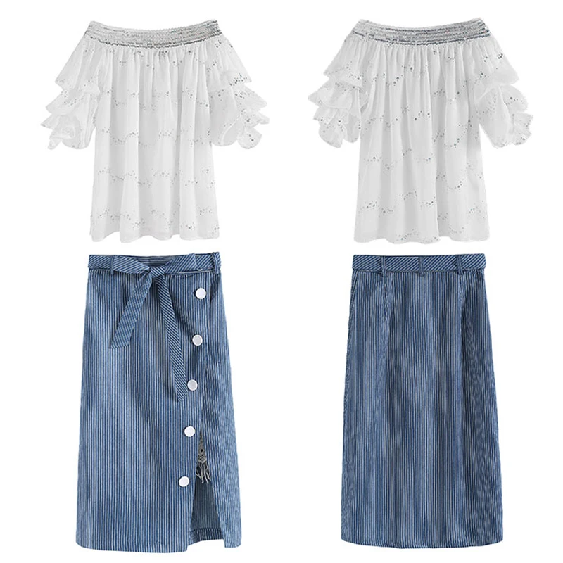 

a women network two pcs suits slash neck shoulder white blouse stripe button skirt new design fashion breeze girl outfit vestido