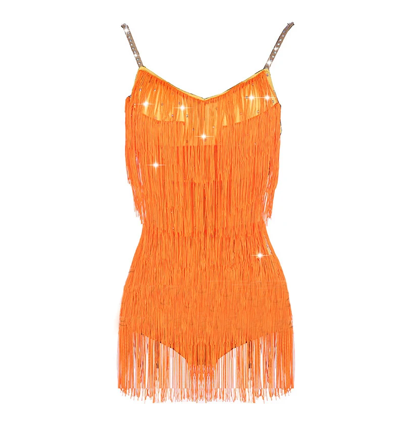 Женское платье для латиноамериканских танцев ярко желтое с бахромой и