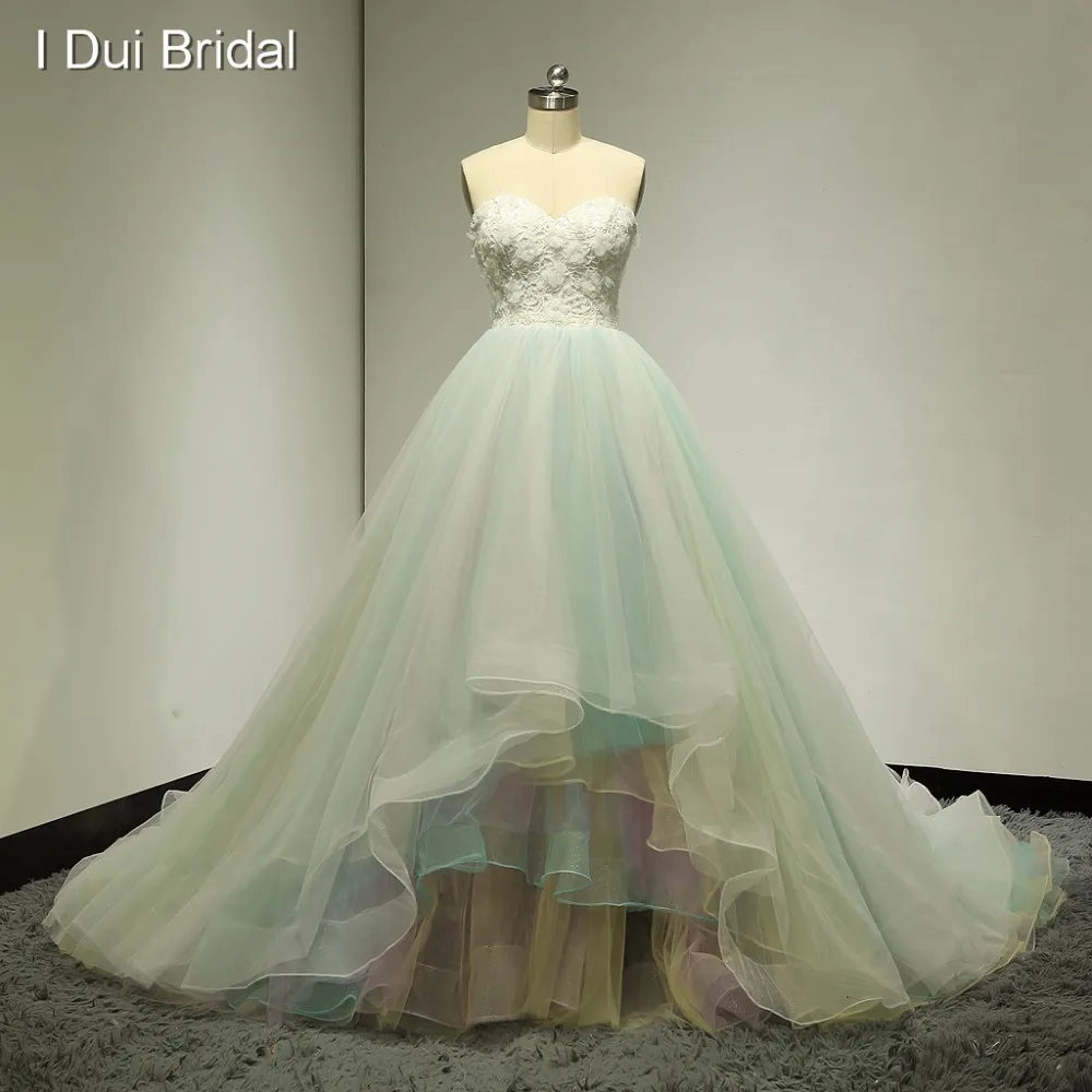 

Sweetheart 3D Flower Ball Gown Wedding Dresses Colorful Blue Yellow Real Photo Bridal Gown Factory Custom Made
