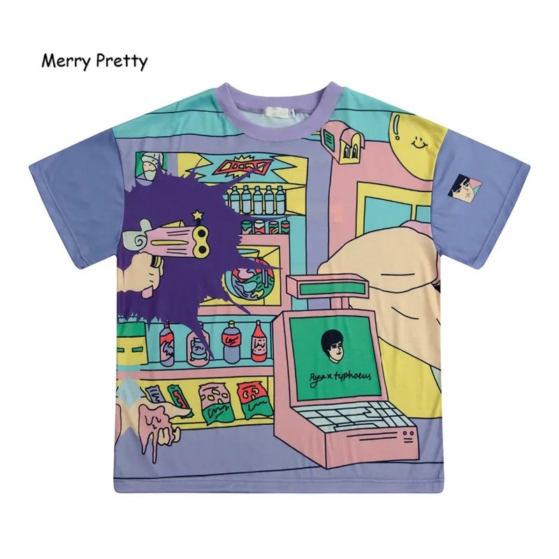 Merry Pretty Harajuku, оригинальная Женская свободная футболка, топы, круглый вырез, короткий рукав, женские футболки, смешанные цвета, летние новые футболки