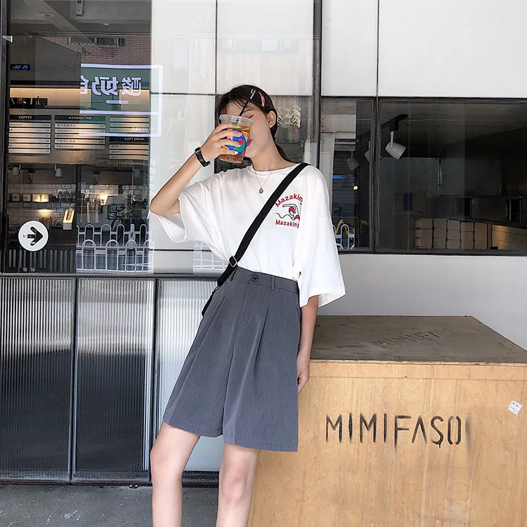 Knee Length Shorts Women Summer Solid Color Elegant Leisure Loose Shorts Trendy Classic Wide Leg Chic Korean Ladies Pockets