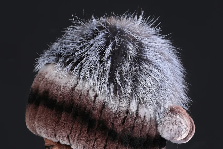 

YCFUR Fur Hats Caps Female Sew Strips Rex Rabbit Fur Cap Hat Fox Fur Top Women Beanies Hats Female