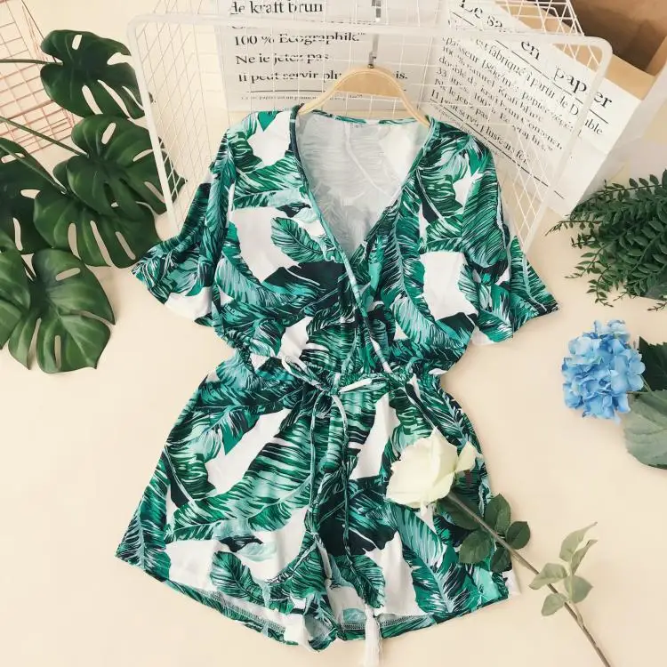 Тропические джунгли зеленый завод печати V шеи короткий рукав галстук эластичный