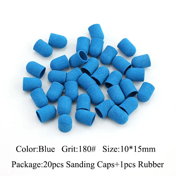 Blue-180 grit 20шт 10*15 мм электрическое сверло для ногтей пластиковая основа шлифовальные колпачки резиновый захват фрезы для маникюра педикюра Дрель аксессуары - Цвет: Blue-180 grit