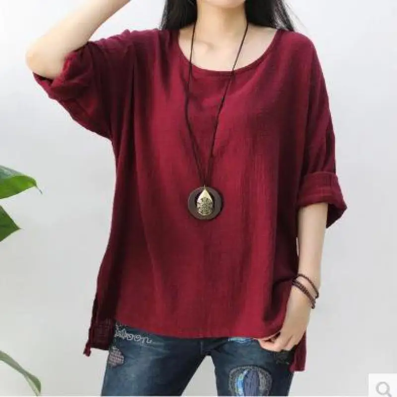 NFIVE Brand 2018 Woman Flax Cotton Shirts New Spring Art Fan Loose Size Long Sleeved Shirt Quality Vintage Casual Thin T-shirt | Женская