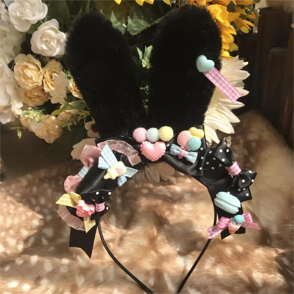 

2019 new high quality Sweet Black yi Sweet rabbit ear kc hair hoop Lolita hand made