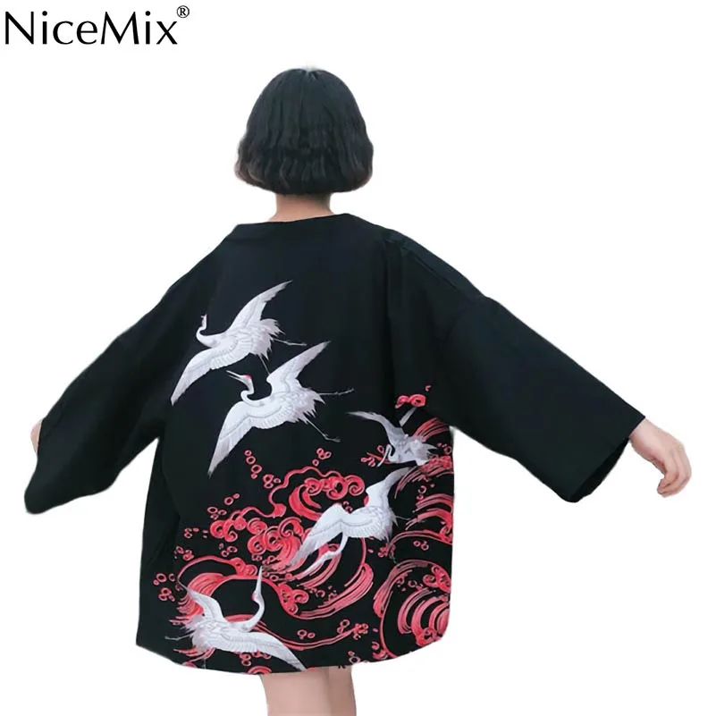 NiceMix Новое корейское модное женское кимоно с принтованным краном кимоно китайский ветер восстановление древних способов тонкое пальто Защита от солнца - Цвет: Черный