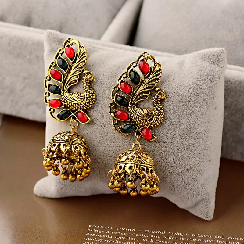 Ретро Золотой Павлин Jhumka серьги, индийские украшения для Для женщин brincos Vintage Этническая Цыганская камень бусинки-колокольчики серьги с кисточками
