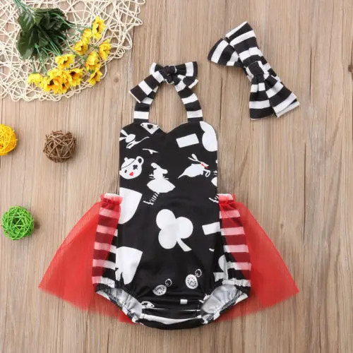 New Baby Girls Stripe Print Bodysuits Halter Tutu Tulles Princess Headband Newborn Toddler Summer One-Piece Outfit |