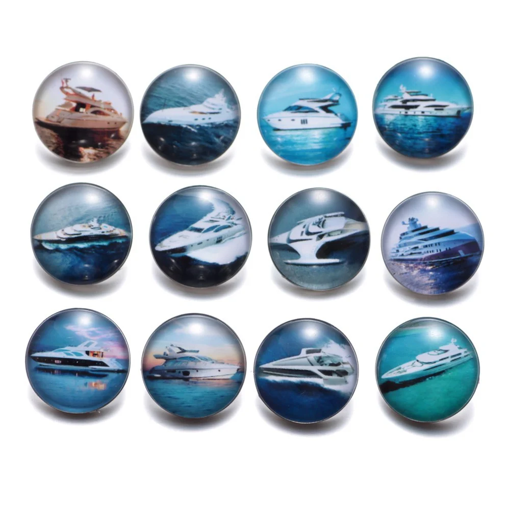 12pcs/lot Sailing Yacht Pattern Charms 18mm Glass Snap Button For DIY Charms Bracelet 18mm Snaps Jewelry KZ0200