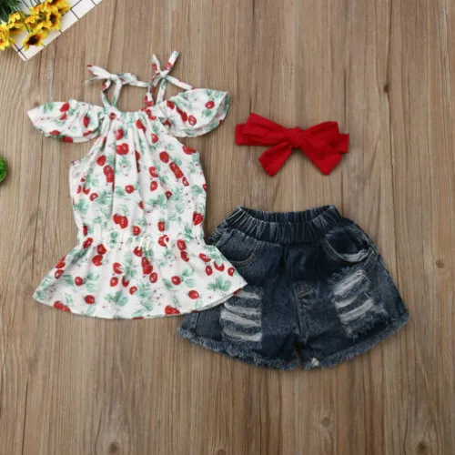Fashion Toddler Kids Baby Bibs Girl 3Pcs Flowers Print Tops Hole Jeans Shorts Bowknot Headband Outfits Summer Children Set | Детская
