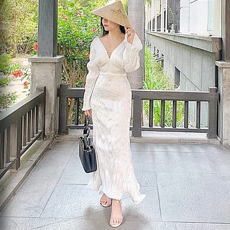 INDRESSME 2019 New Women's Sexy Sheath Draped Long Sleeve Bodycon V Neck Ankle Length Ruffles Dress | Женская одежда