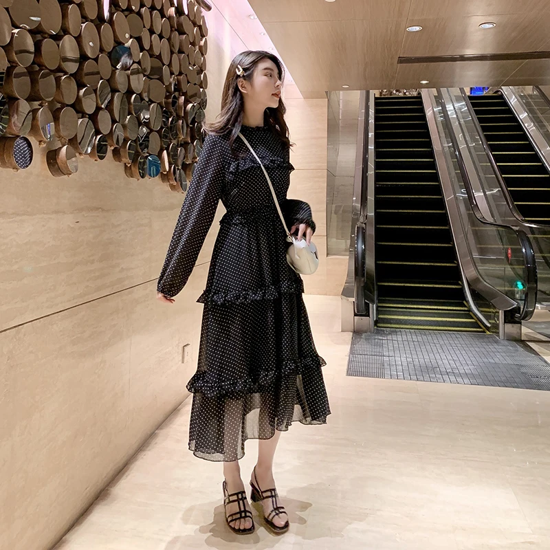Новинка 2019 года весеннее платье в горошек с высокой талией Корейском стиле