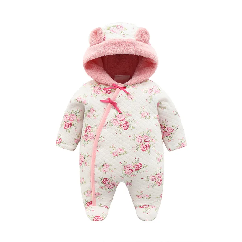 Coral Fleece white Зимние комбинезоны для новорожденных девочек; плотный теплый хлопковый комбинезон; одежда с капюшоном; Рождественский комбинезон принцессы с цветочным рисунком для девочек - Цвет: Coral Fleece white
