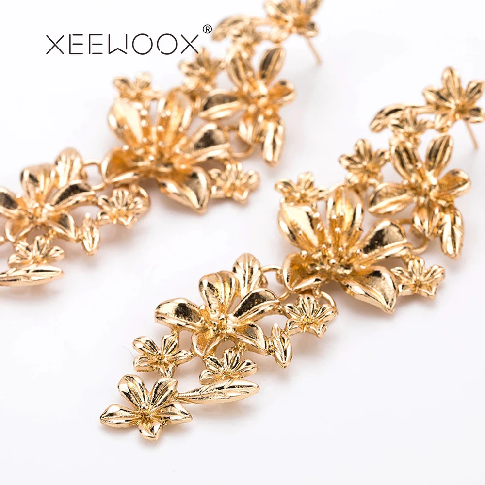 XEEWOOX New Fashion Trendy Simple Vintage Gold Metal Earrings For Women party Jewelry long Circle Multi Layers flower |