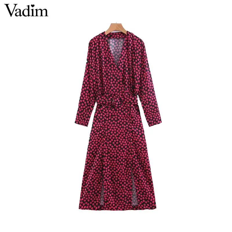 Вадим Женские винтажные V шеи dot печати длинное платье галстук-бабочка пояса