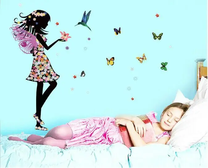 Romantic Cartoon Angel Wings Flower Fairy Beautiful Girl Butterfly DIY Wall Stickers Mural Decal Kids Room Home Decor JM8337 | Дом и сад