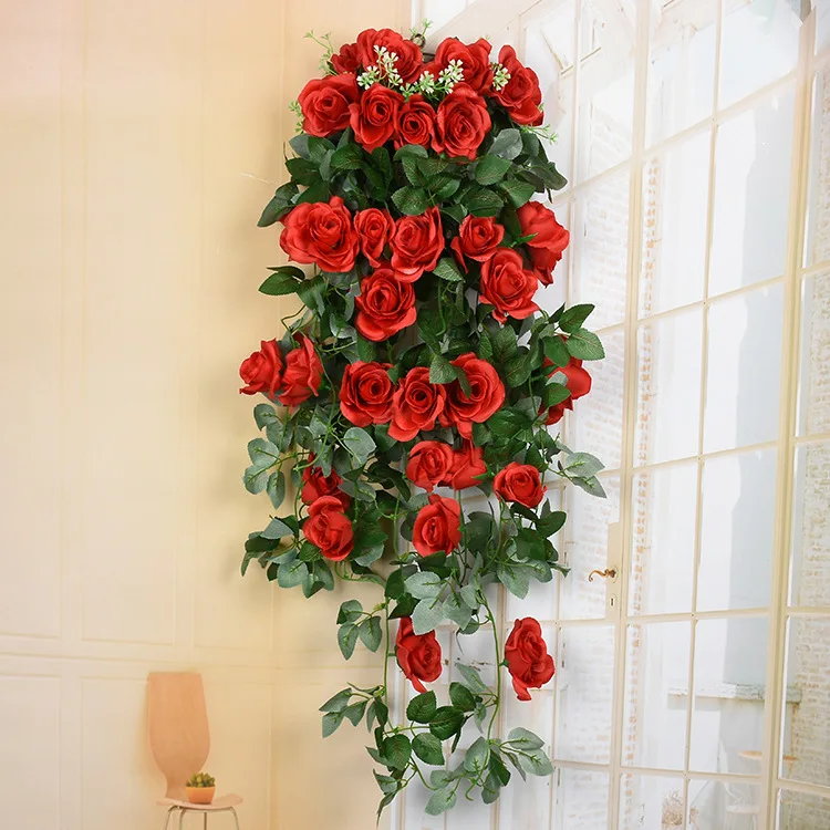 Red Hoomall 90 см поддельные Шелковая Роза цветок на стену, из ротанга винограда искусственные с цветами и зелеными листьями DIY Craft домашний Свадебные украшения - Цвет: Red