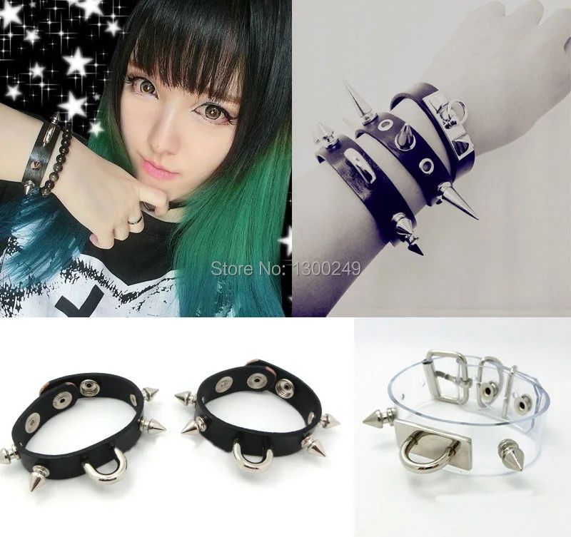 Женский кожаный браслет с заклепками черный прозрачный ручной работы в стиле