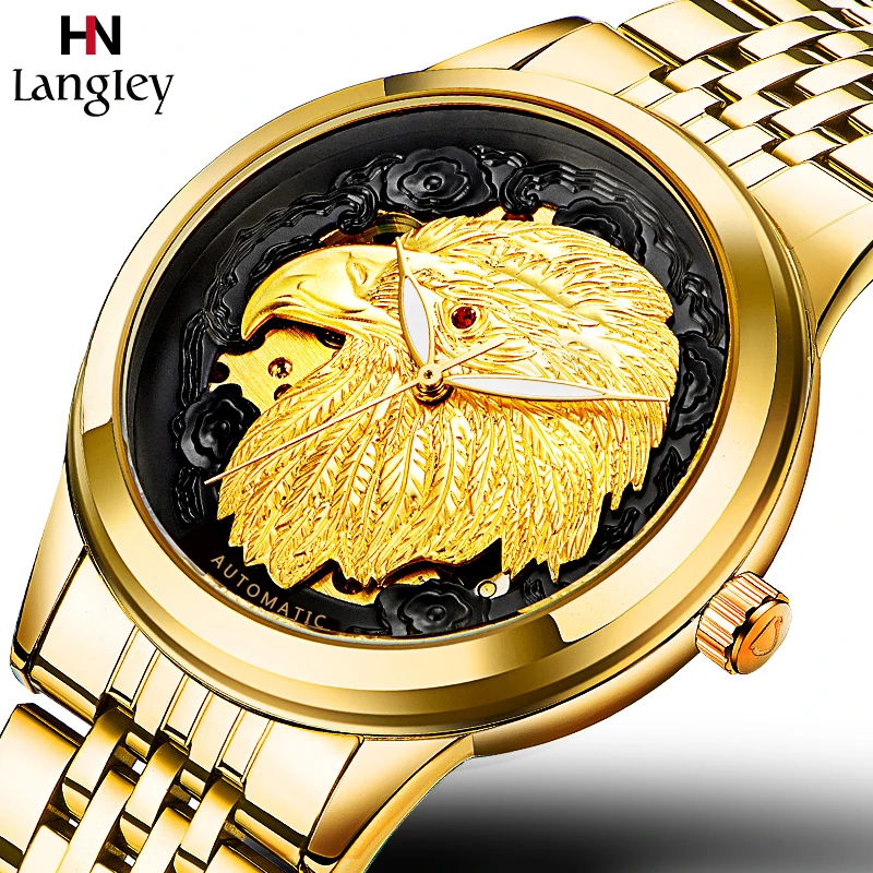 LANGLEY High Quality Carve Eagle Dial Men Self-wind Automatic Mechanical Watch Male Gold Stainless Steel Clock Relogio Masculino | Наручные