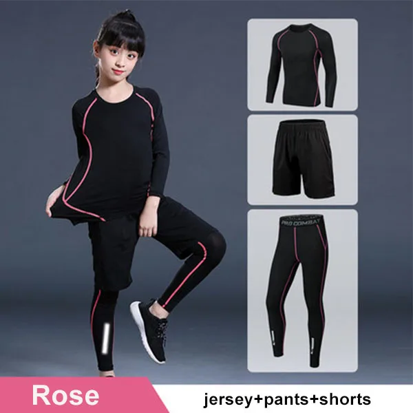 Rose Set 3P Детский спортивный комплект, компрессионная футболка+ штаны, детский Рашгард для мальчиков и девочек, для бега, баскетбола, танцев, подростков, ММА, плотная спортивная одежда - Цвет: Rose Set 3P