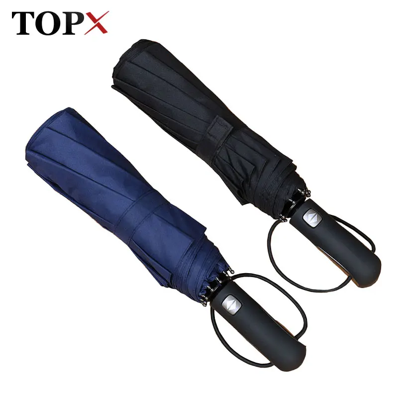 TOPX Big Leather Handle 10 Rib Strong Automatic Umbrella Rain Women Wind Resistant Men Black 3Folding Male Umbrellas Paraguas | Дом и сад