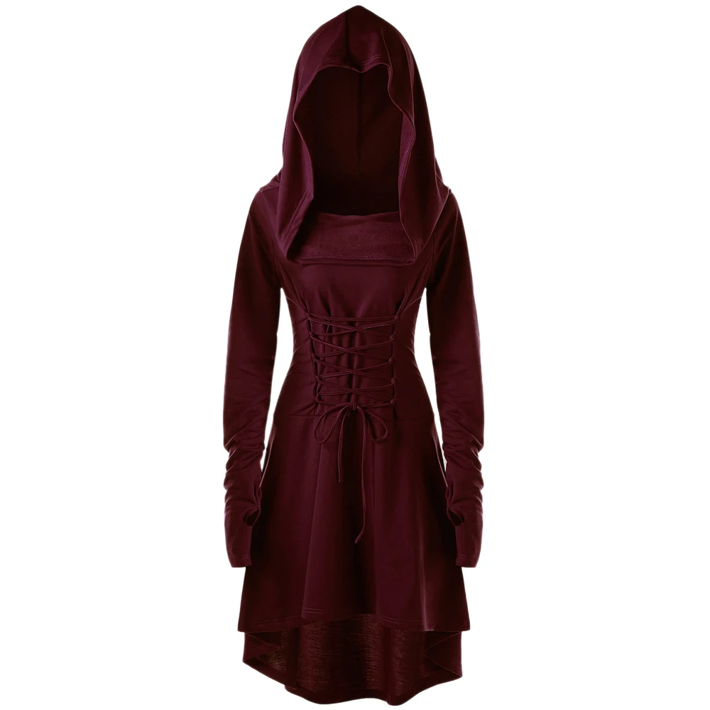 Wipalo Women Autumn Fashion Army Green Gothic Dresses Lace Up Hooded Irregular High Low Dress Bandage Back Vestidos Costume Robe|Женские