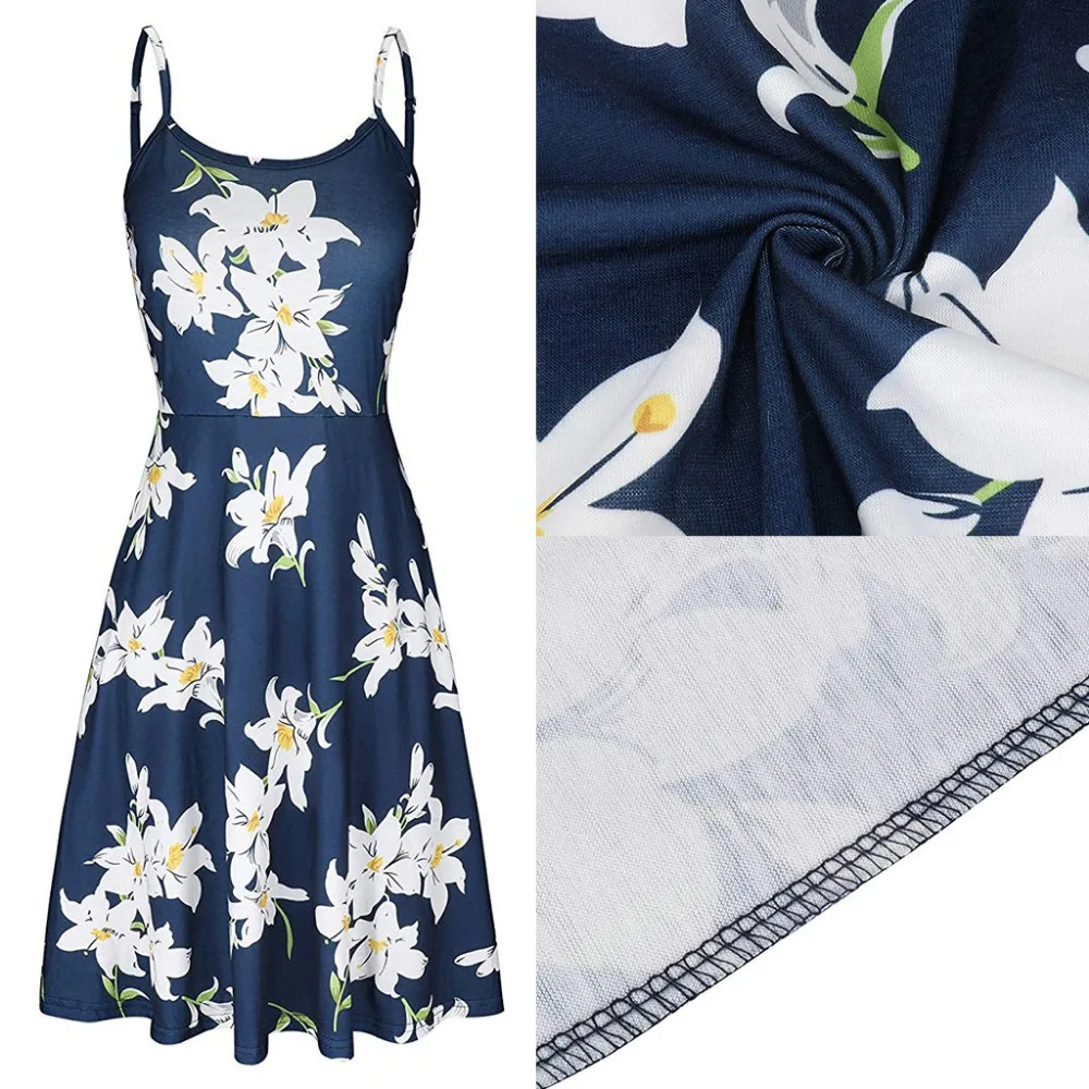 Для женщин без рукавов регулируемые ремешками летние цветочные расклешенное для