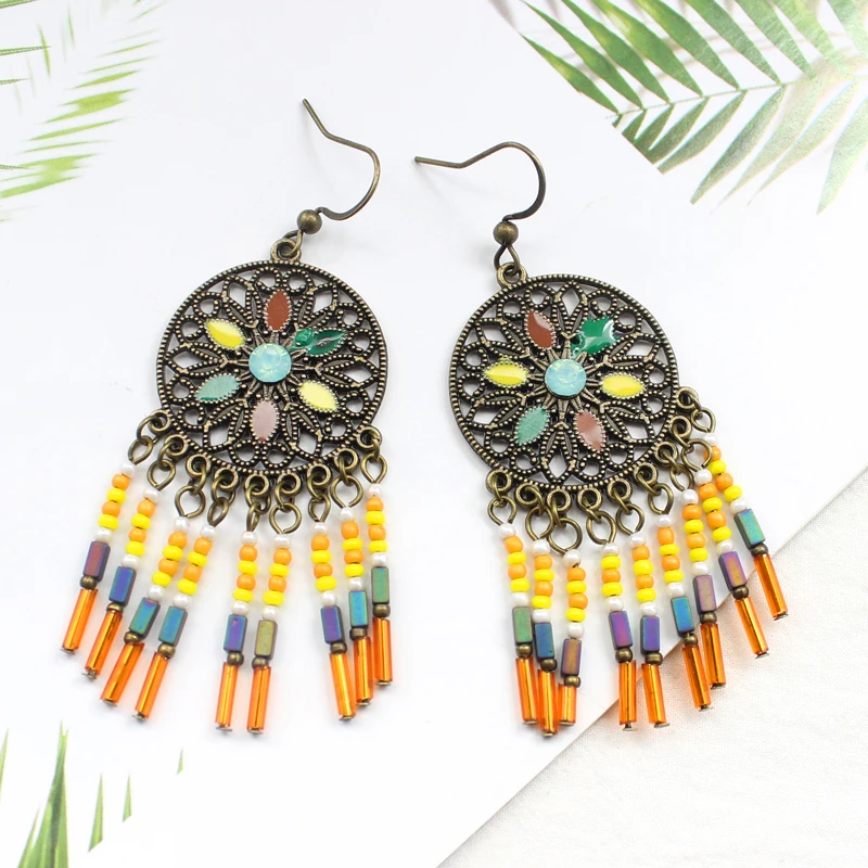Round hollow carved sun flower inlaid with colored natural stone string of resin beads Tassel Drop Earrings Bohemian | Украшения и