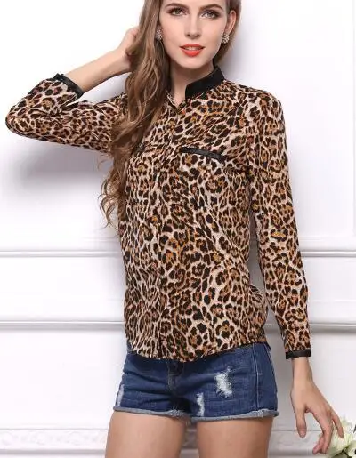 Tenglongwl Шифоновая блузка Для женщин Лето LEOPARD отложным воротником блузки рубашка с