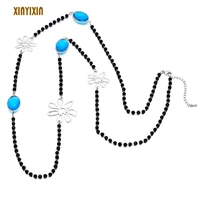 color flower blue red glass long necklace for women men temperament black beads 100cm maxi sweater chain 3 color christmas gift