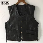 Мужской однобортный кожаный жилет Moto Biker, без рукавов, с V-образным вырезом, на шнуровке, размера плюс, размер S-4XL, мужской модный жилет