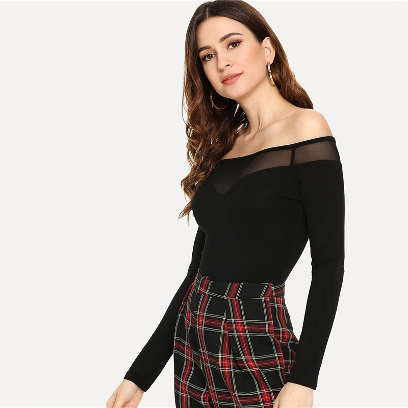 SHEIN черная элегантная Офисная Женская футболка с открытыми плечами, с сеткой, контрастная, с длинным рукавом, однотонная, сексуальная,, осенняя рабочая одежда, женская футболка, Топ