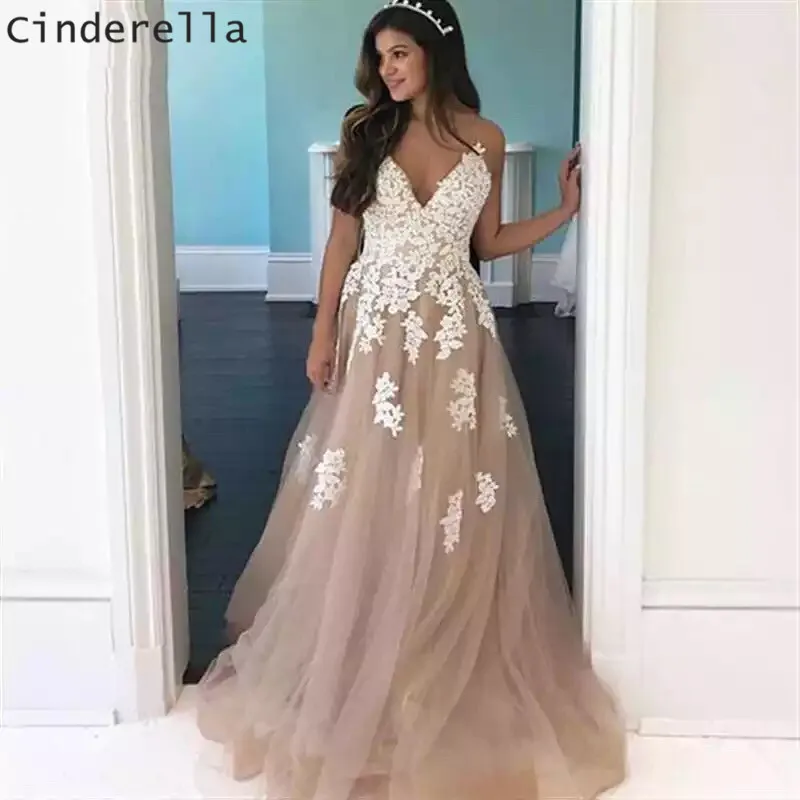 

Женское кружевное свадебное платье Cinderella, ТРАПЕЦИЕВИДНОЕ ПЛАТЬЕ цвета шампанского с V-образным вырезом, на бретелях-спагетти, со шлейфом