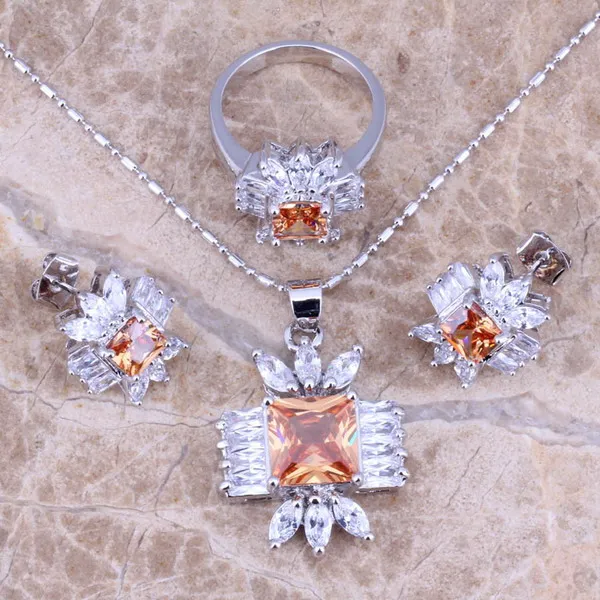 Набор необычных ювелирных изделий цвета шампань морганит белый CZ посеребренный