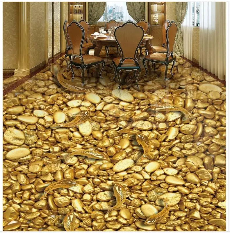 Floor Painting 3D Wallpaper Gold Fish Gold Stone 3D Floor PVC Floor Sticker Painting Murals Modern Custom 3D Floor Mural
