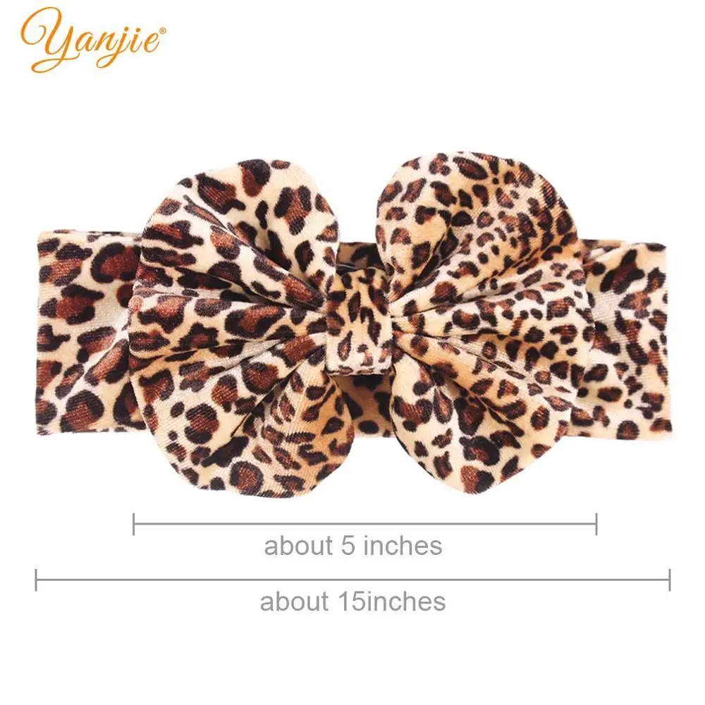 YANJIE Winter Leopard Velvet Solid 5&quot Hair Bows Headband For Girls Trendy Floral Bow Head Wrap Elastic Accessories Turban - купить по