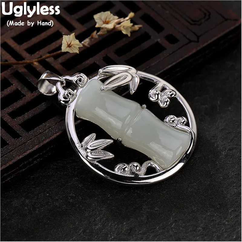 

Uglyless 100% Real Solid 925 Sterling Silver Bamboo Leaves Pendants for Women Natural Jade Bamboo Necklaces NO Chains Fine Jewel