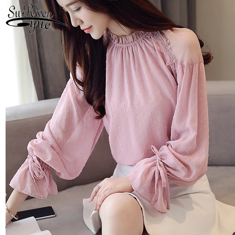 

Women's shirt white long sleeve fashion woman blouses 2018 chiffon patchwork solid pink o-neck clothes feminina blusa 0783 30