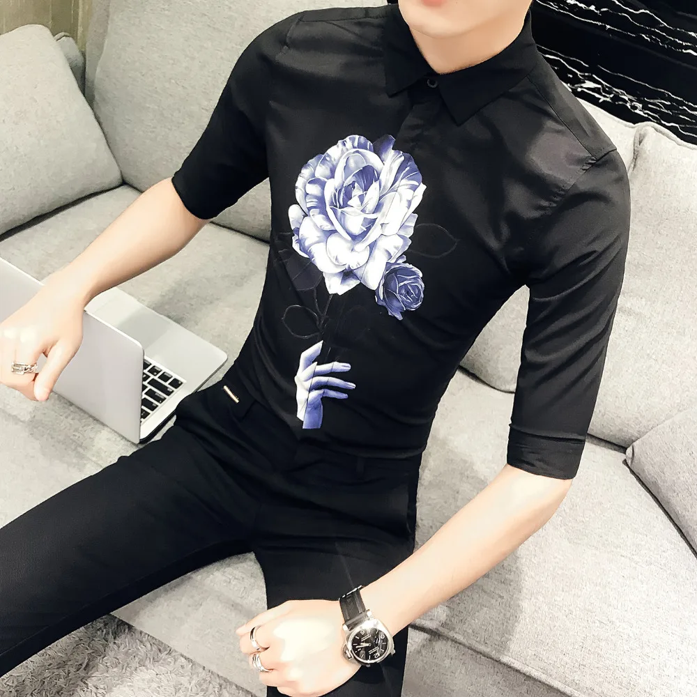 Личность печати рубашка Для мужчин лето 2018 Slim Fit короткий рукав смокинг платье