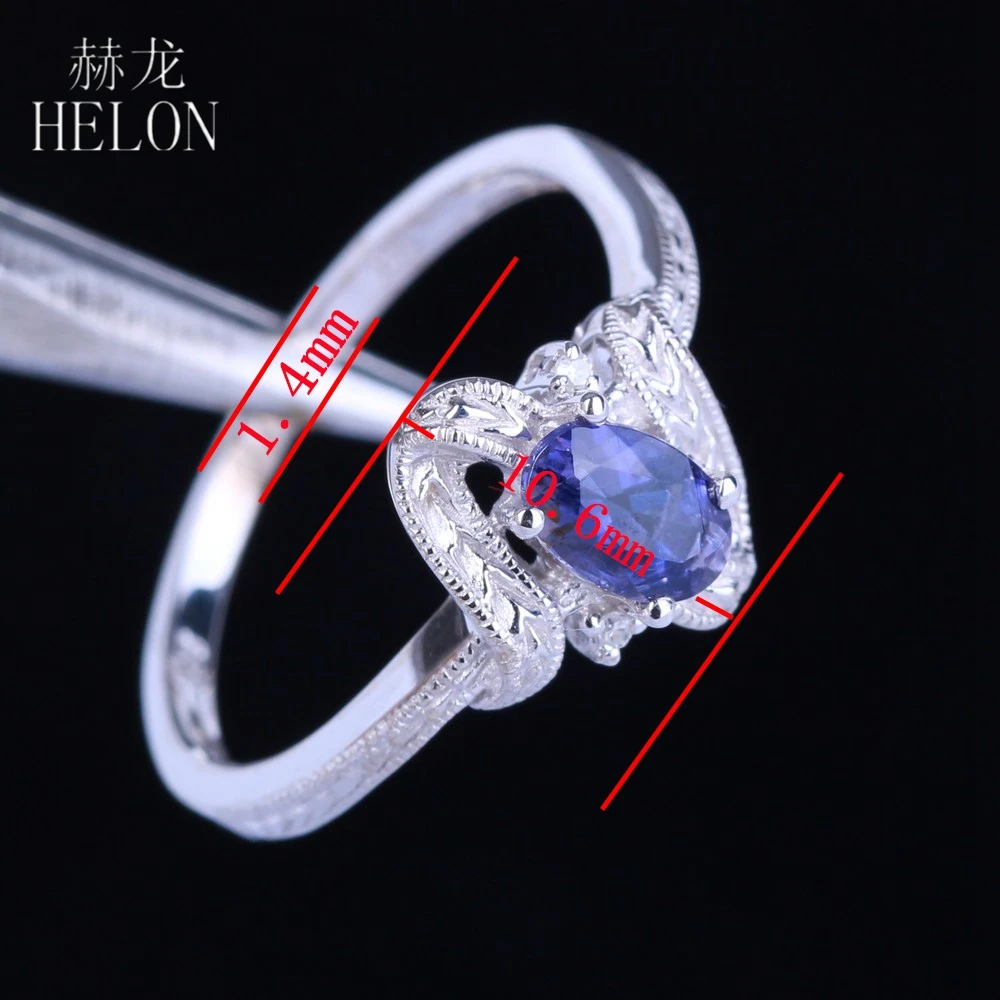 

HELON Solid 14K Wihte Gold Flawless Oval 6 x 4mm 0.47ct Genuine Cordierite & Diamonds Ring Engagement Vintage Antique Jewelry