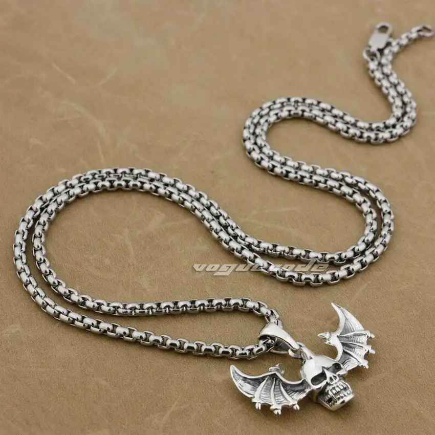 LINSION 925 пробы Серебряный дьявол крыло череп мужские талисманы кулон 9E015|mens charms