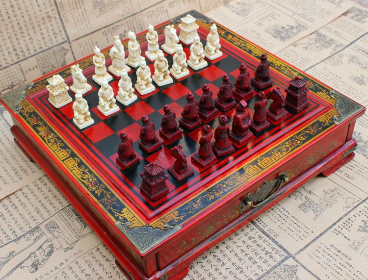 

High Quility CHESS SET Resin Character type Chess Set Beautiful Wooden Board Terracotta Warriors and Horses Chess set Nice Gift
