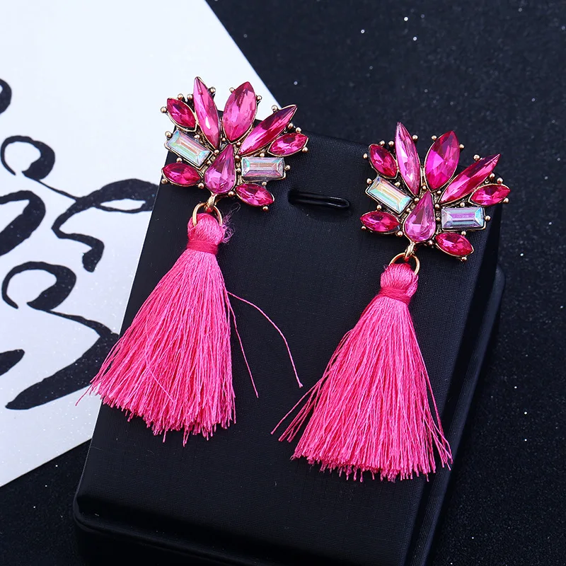 Женские серьги с кисточками в стиле бохо длинные висячие кристаллами и цветком